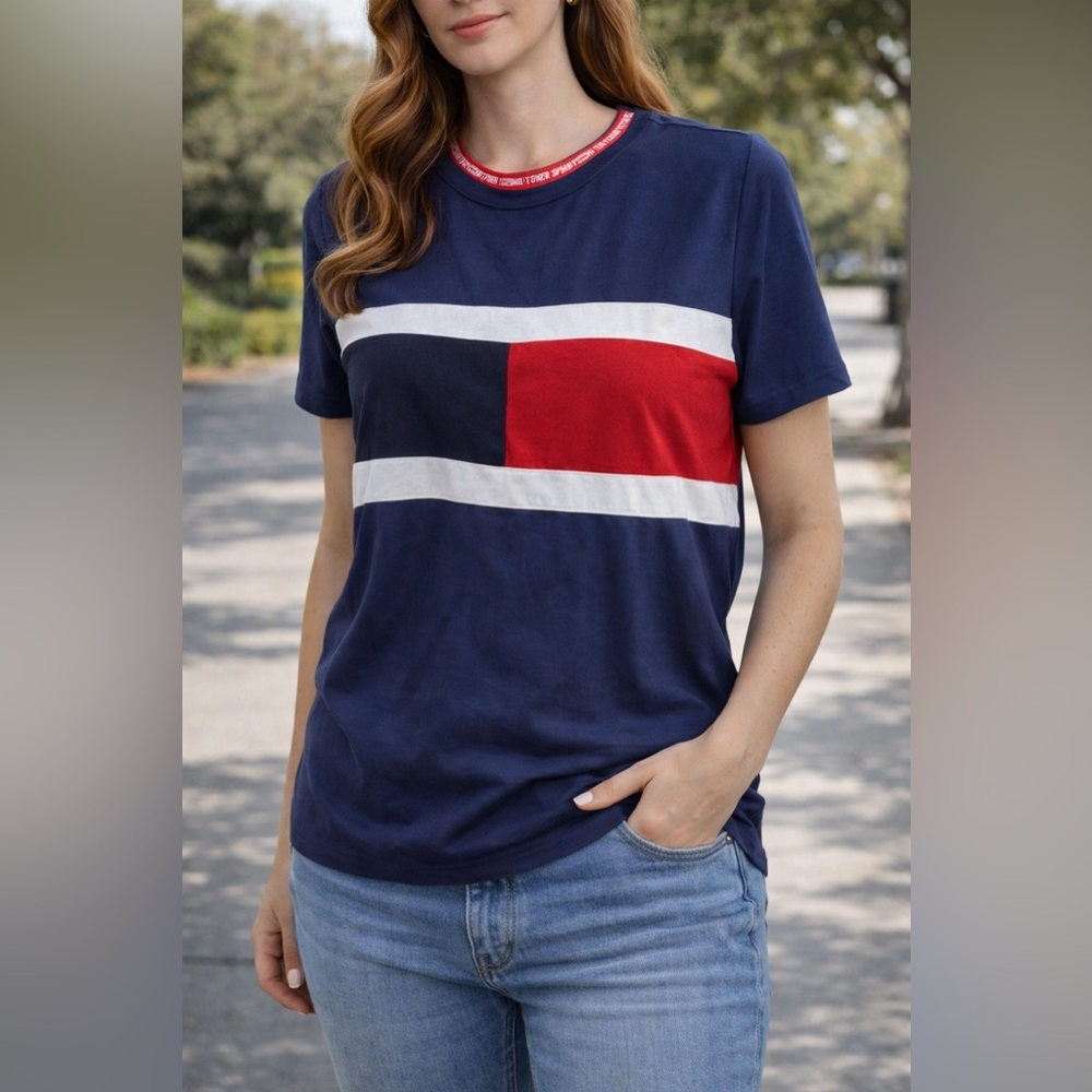 Tommy Hilfiger‎ Sport Colorblock Tee Navy Red White Medium Stretch Top